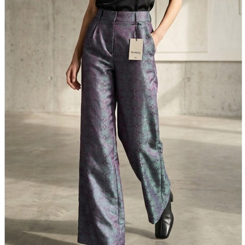 Hosbjerg Iridescent Jacquard Baroque High Waist Wide Leg Trousers Pants XS